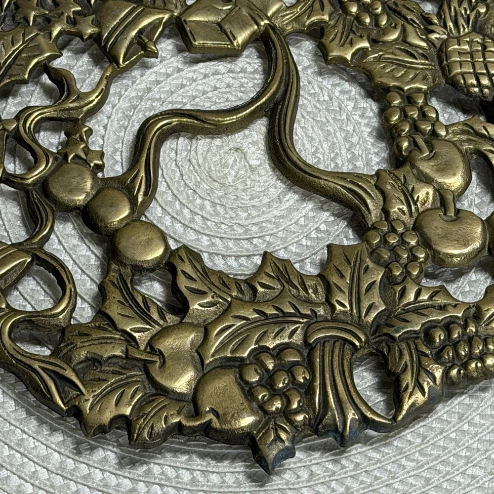 Vintage Brass Footed Christmas Themed Trivet Made‎ in Taiwan- Republic of China